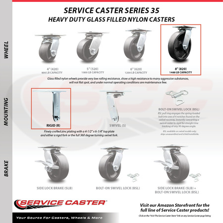 Service Caster 8 Inch Glass Filled Nylon Caster Set with Ball Bearing 2 Swivel Lock and 2 Rigid SCC-35S820-GFNB-BSL-2-R-2